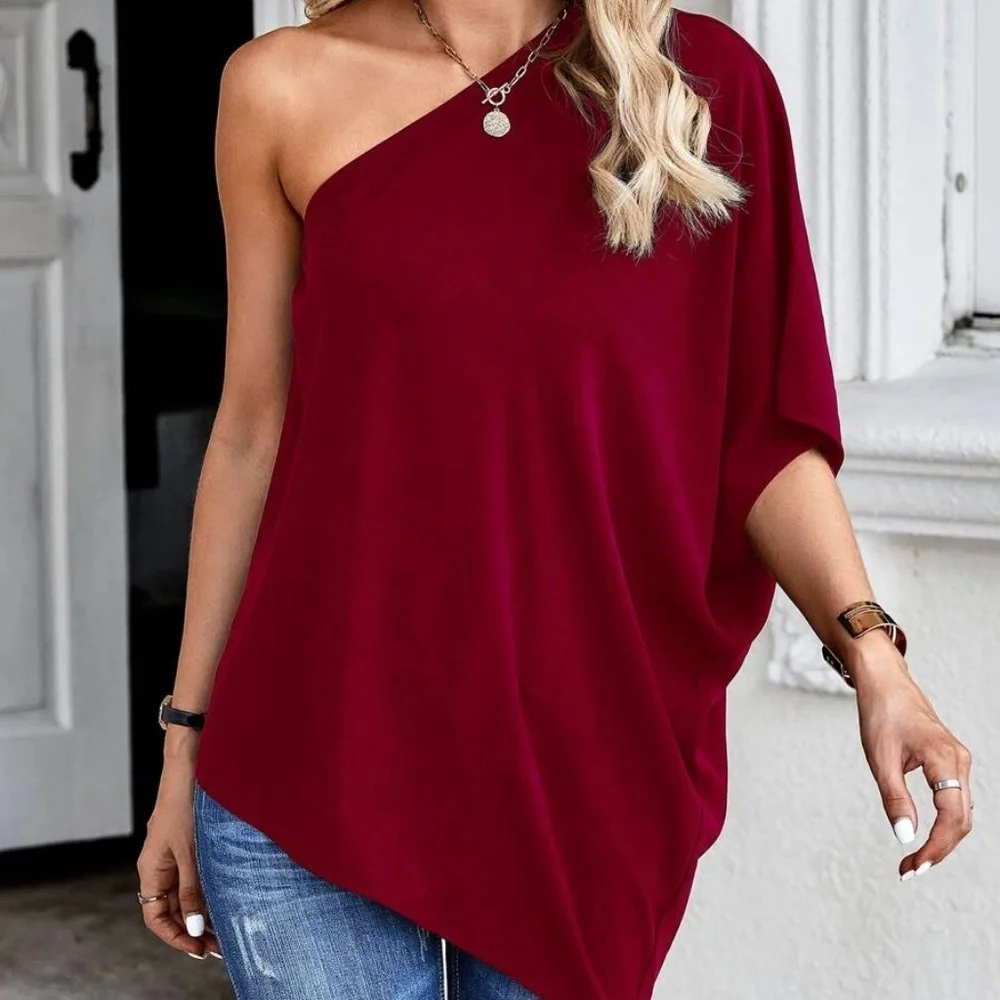Solid One Shoulder Batwing Sleeve Blouse - Picture 5 of 8